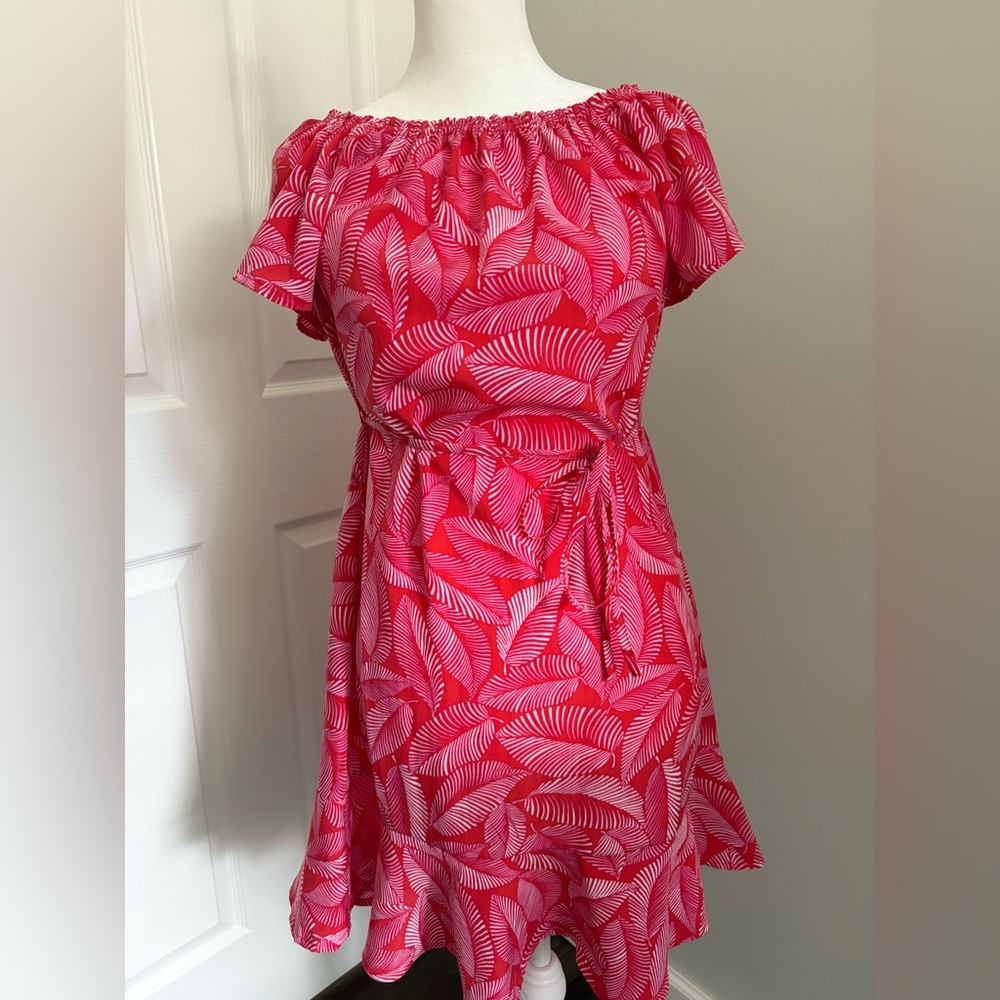 Merona Women’s Off the Shoulder Tropical Print Red & Pink Dress - Picture 1 of 4